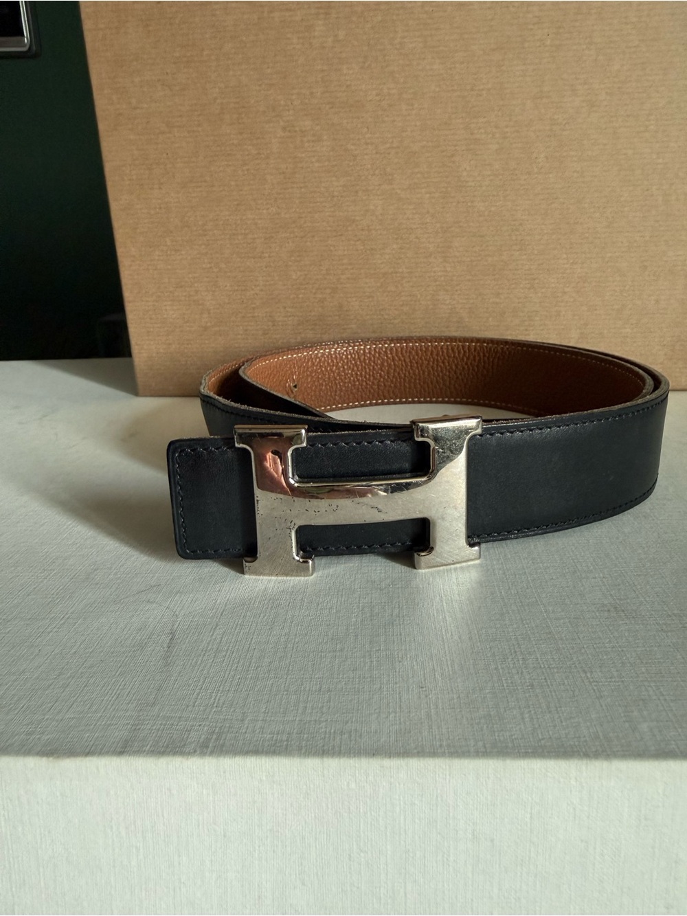 Hermes Black Leather Belt with Silver H Buckle and Reversible Brown